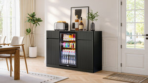 English Elm 53.2Fluted Sideboard with Fridge Nook Charging Station and Stemware Rack for Modern Living Black W5767P505605