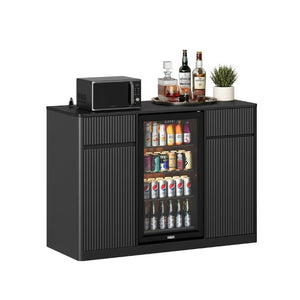 English Elm 53.2Fluted Sideboard with Fridge Nook Charging Station and Stemware Rack for Modern Living Black W5767P505605
