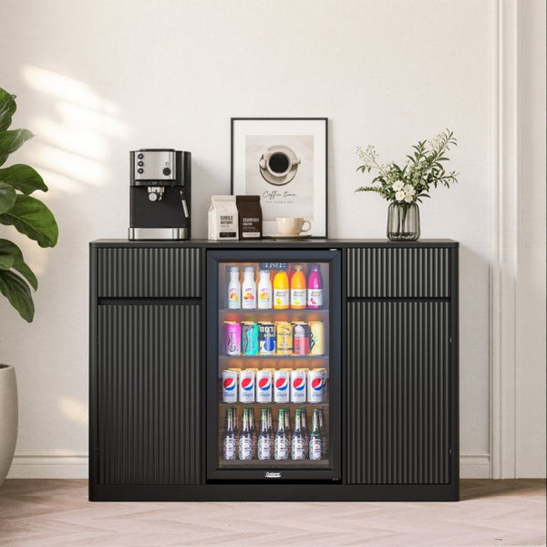 English Elm 53.2Fluted Sideboard with Fridge Nook Charging Station and Stemware Rack for Modern Living Black W5767P505605