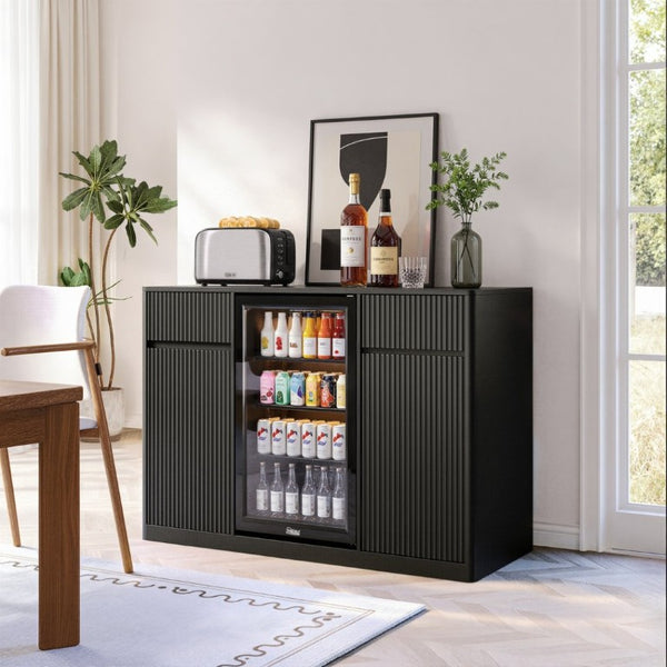 English Elm 53.2Fluted Sideboard with Fridge Nook Charging Station and Stemware Rack for Modern Living Black W5767P505605