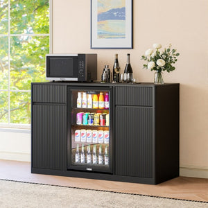 English Elm 53.2Fluted Sideboard with Fridge Nook Charging Station and Stemware Rack for Modern Living Black W5767P505605