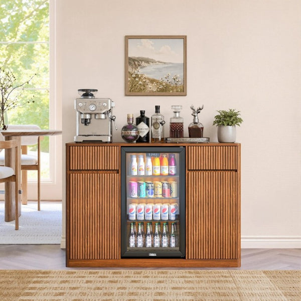 English Elm 53.2Fluted Sideboard with Fridge Nook Charging Station and Stemware Rack for Modern Living Walnut W5767P505606
