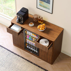 English Elm 53.2Fluted Sideboard with Fridge Nook Charging Station and Stemware Rack for Modern Living Walnut W5767P505606
