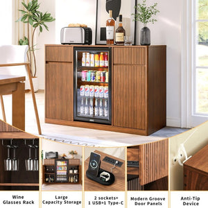 English Elm 53.2Fluted Sideboard with Fridge Nook Charging Station and Stemware Rack for Modern Living Walnut W5767P505606
