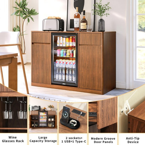 English Elm 53.2Fluted Sideboard with Fridge Nook Charging Station and Stemware Rack for Modern Living Walnut W5767P505606