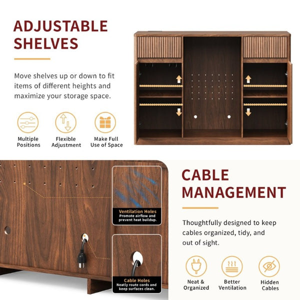 English Elm 53.2Fluted Sideboard with Fridge Nook Charging Station and Stemware Rack for Modern Living Walnut W5767P505606