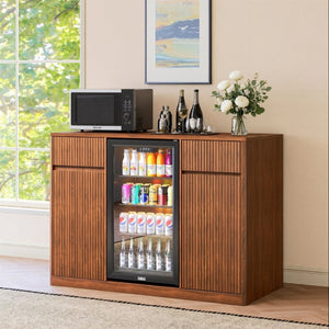 English Elm 53.2Fluted Sideboard with Fridge Nook Charging Station and Stemware Rack for Modern Living Walnut W5767P505606