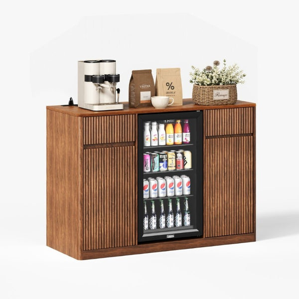 English Elm 53.2Fluted Sideboard with Fridge Nook Charging Station and Stemware Rack for Modern Living Walnut W5767P505606