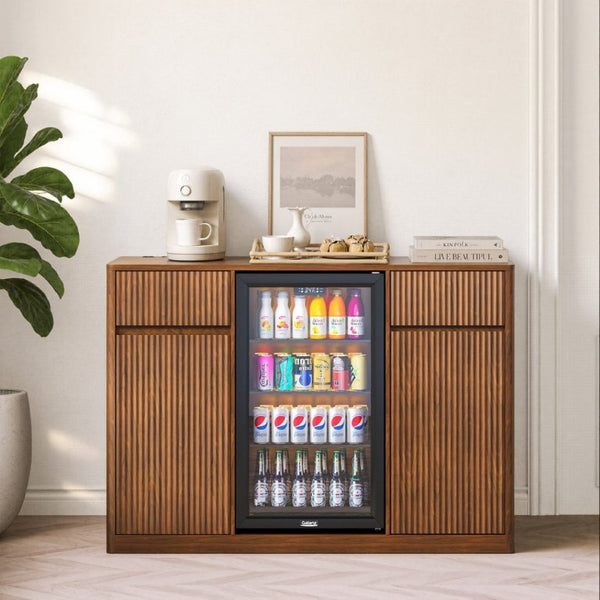English Elm 53.2Fluted Sideboard with Fridge Nook Charging Station and Stemware Rack for Modern Living Walnut W5767P505606