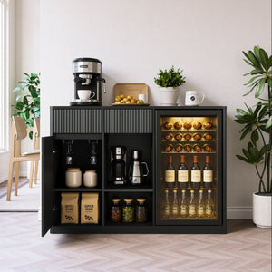 English Elm 51.2 Fluted Bar Cabinet with Fridge Nook Power Outlets and Stemware Rack for Home Black W5767P505607