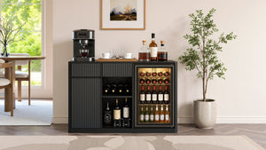 English Elm 51.2 Fluted Bar Cabinet with Fridge Nook Power Outlets and Stemware Rack for Home Black W5767P505607