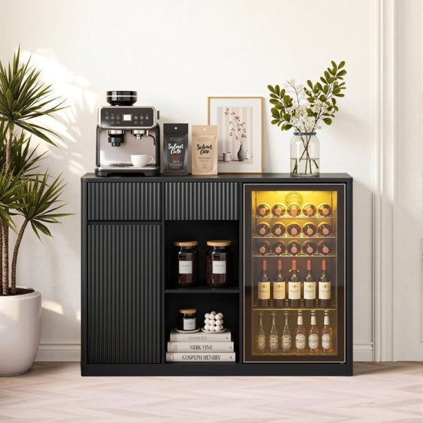 English Elm 51.2 Fluted Bar Cabinet with Fridge Nook Power Outlets and Stemware Rack for Home Black W5767P505607