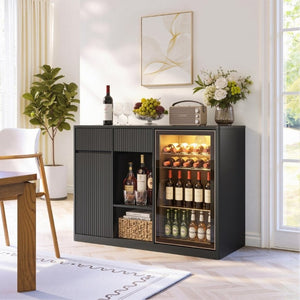 English Elm 51.2 Fluted Bar Cabinet with Fridge Nook Power Outlets and Stemware Rack for Home Black W5767P505607