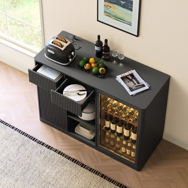 English Elm 51.2 Fluted Bar Cabinet with Fridge Nook Power Outlets and Stemware Rack for Home Black W5767P505607