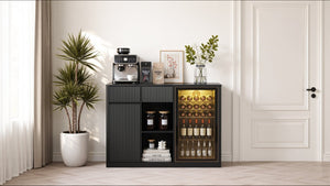 English Elm 51.2 Fluted Bar Cabinet with Fridge Nook Power Outlets and Stemware Rack for Home Black W5767P505607
