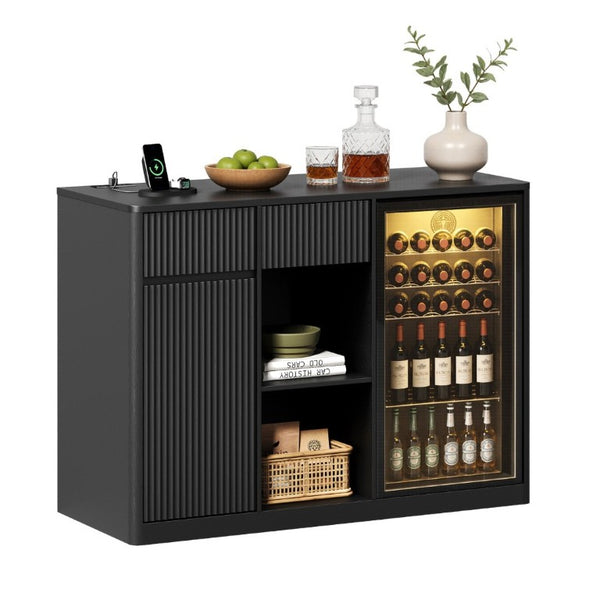 English Elm 51.2 Fluted Bar Cabinet with Fridge Nook Power Outlets and Stemware Rack for Home Black W5767P505607