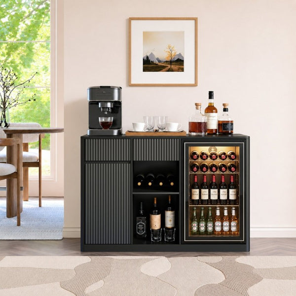 English Elm 51.2 Fluted Bar Cabinet with Fridge Nook Power Outlets and Stemware Rack for Home Black W5767P505607