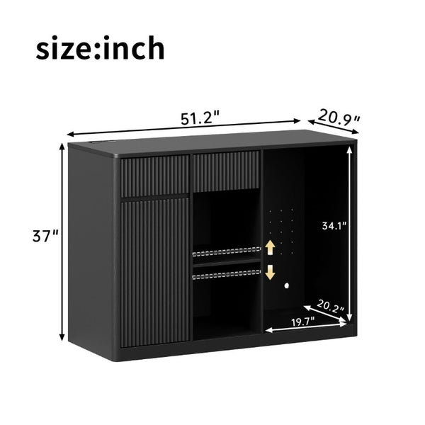 English Elm 51.2 Fluted Bar Cabinet with Fridge Nook Power Outlets and Stemware Rack for Home Black W5767P505607