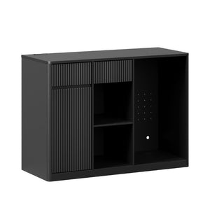English Elm 51.2 Fluted Bar Cabinet with Fridge Nook Power Outlets and Stemware Rack for Home Black W5767P505607