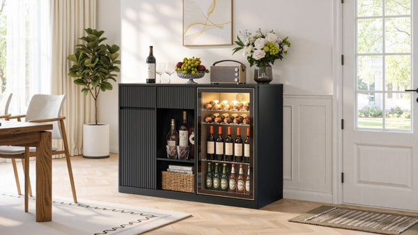 English Elm 51.2 Fluted Bar Cabinet with Fridge Nook Power Outlets and Stemware Rack for Home Black W5767P505607