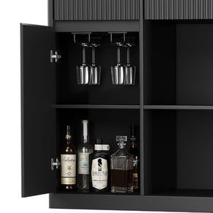 English Elm 51.2 Fluted Bar Cabinet with Fridge Nook Power Outlets and Stemware Rack for Home Black W5767P505607