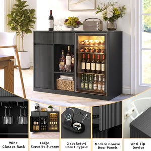 English Elm 51.2 Fluted Bar Cabinet with Fridge Nook Power Outlets and Stemware Rack for Home Black W5767P505607