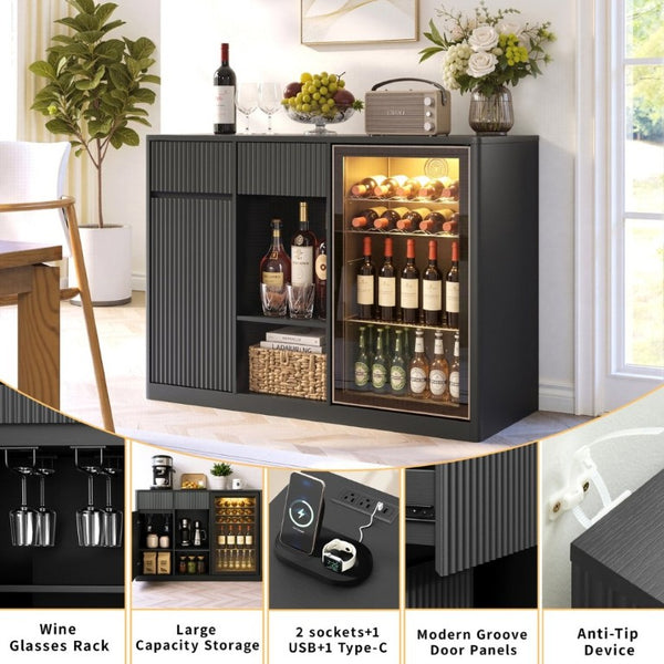 English Elm 51.2 Fluted Bar Cabinet with Fridge Nook Power Outlets and Stemware Rack for Home Black W5767P505607