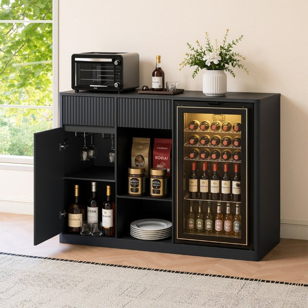 English Elm 51.2 Fluted Bar Cabinet with Fridge Nook Power Outlets and Stemware Rack for Home Black W5767P505607