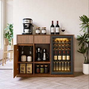 English Elm 51.2 Fluted Bar Cabinet with Fridge Nook Power Outlets and Stemware Rack for Home Walnut W5767P505608