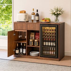 English Elm 51.2 Fluted Bar Cabinet with Fridge Nook Power Outlets and Stemware Rack for Home Walnut W5767P505608