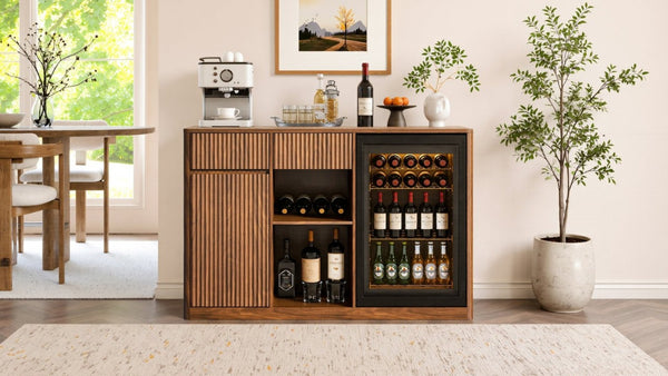 English Elm 51.2 Fluted Bar Cabinet with Fridge Nook Power Outlets and Stemware Rack for Home Walnut W5767P505608