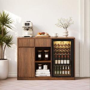 English Elm 51.2 Fluted Bar Cabinet with Fridge Nook Power Outlets and Stemware Rack for Home Walnut W5767P505608