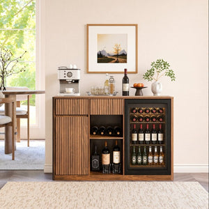 English Elm 51.2 Fluted Bar Cabinet with Fridge Nook Power Outlets and Stemware Rack for Home Walnut W5767P505608