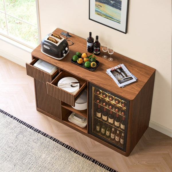 English Elm 51.2 Fluted Bar Cabinet with Fridge Nook Power Outlets and Stemware Rack for Home Walnut W5767P505608