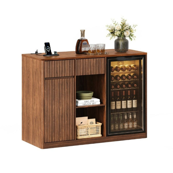 English Elm 51.2 Fluted Bar Cabinet with Fridge Nook Power Outlets and Stemware Rack for Home Walnut W5767P505608