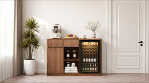 English Elm 51.2 Fluted Bar Cabinet with Fridge Nook Power Outlets and Stemware Rack for Home Walnut W5767P505608