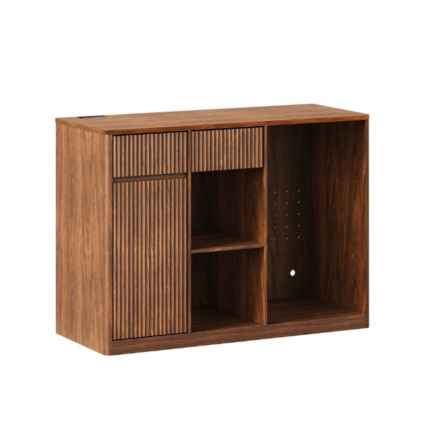 English Elm 51.2 Fluted Bar Cabinet with Fridge Nook Power Outlets and Stemware Rack for Home Walnut W5767P505608
