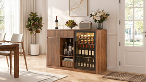 English Elm 51.2 Fluted Bar Cabinet with Fridge Nook Power Outlets and Stemware Rack for Home Walnut W5767P505608
