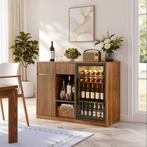 English Elm 51.2 Fluted Bar Cabinet with Fridge Nook Power Outlets and Stemware Rack for Home Walnut W5767P505608