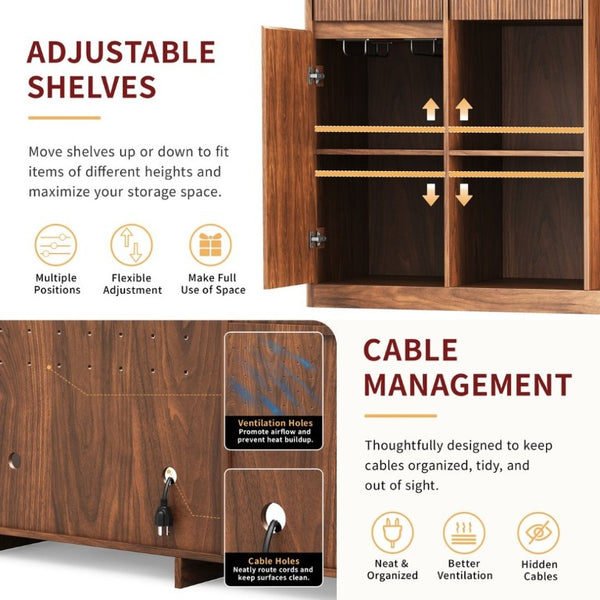 English Elm 51.2 Fluted Bar Cabinet with Fridge Nook Power Outlets and Stemware Rack for Home Walnut W5767P505608