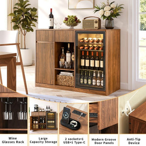 English Elm 51.2 Fluted Bar Cabinet with Fridge Nook Power Outlets and Stemware Rack for Home Walnut W5767P505608