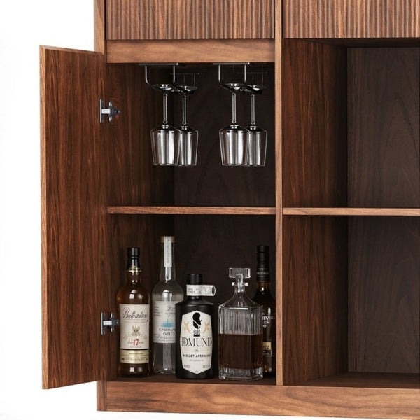 English Elm 51.2 Fluted Bar Cabinet with Fridge Nook Power Outlets and Stemware Rack for Home Walnut W5767P505608