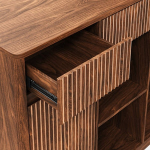 English Elm 51.2 Fluted Bar Cabinet with Fridge Nook Power Outlets and Stemware Rack for Home Walnut W5767P505608
