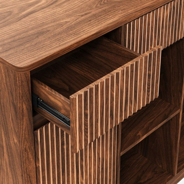 English Elm 51.2 Fluted Bar Cabinet with Fridge Nook Power Outlets and Stemware Rack for Home Walnut W5767P505608