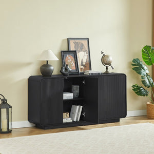 English Elm 64 Inch Wide Fluted Buffet Cabinet with Soft Close Doors for Dining and Living Rooms Black W5767P506706