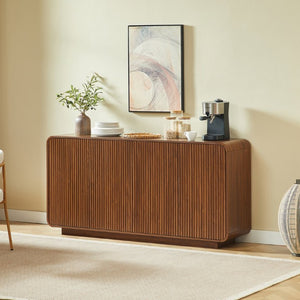 English Elm 64 Inch Wide Fluted Buffet Cabinet with Soft Close Doors for Dining and Living Rooms Walnut W5767P506707