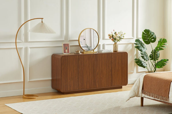 English Elm 64 Inch Wide Fluted Buffet Cabinet with Soft Close Doors for Dining and Living Rooms Walnut W5767P506707