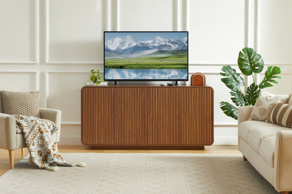 English Elm 64 Inch Wide Fluted Buffet Cabinet with Soft Close Doors for Dining and Living Rooms Walnut W5767P506707