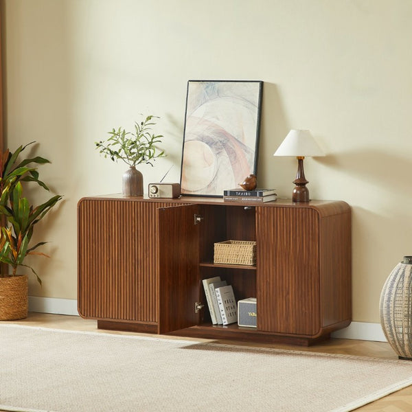 English Elm 64 Inch Wide Fluted Buffet Cabinet with Soft Close Doors for Dining and Living Rooms Walnut W5767P506707