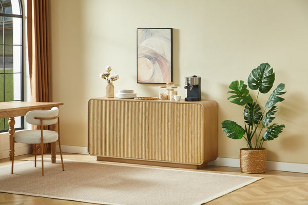 English Elm 64 Inch Fluted Sideboard with Push Open Doors Waterproof Surface for Dining Living Room W5767P506708